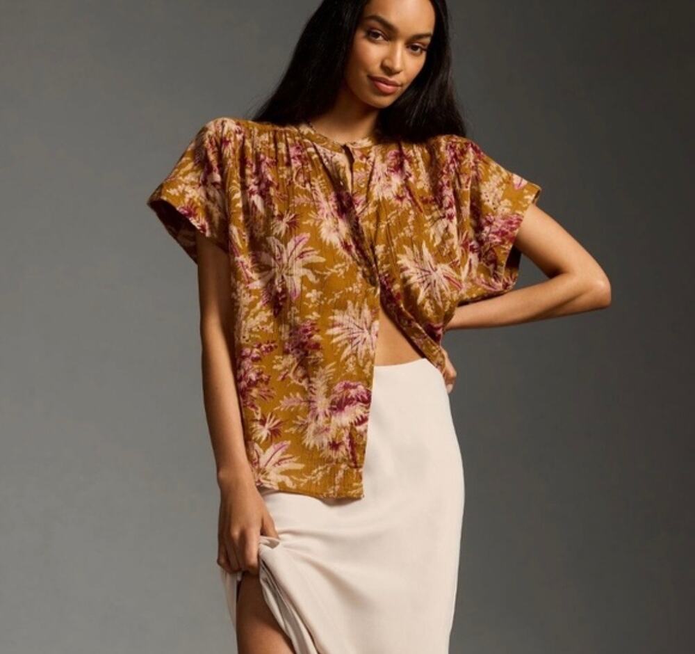 Pilcro Batwing Blouse Top S/M Mustard Yellow Pink Tropical Floral Anthropologie